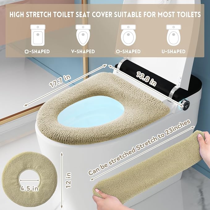 Legigo 5 Pack Toilet Seat Cover, Soft Toilet Seat Warmer Pads for Bathroom | Warmth, Comfort & Easy to Install, Toilet Seat Cushion Covers, Washable and Stretchable(Knit Elongated Beige)