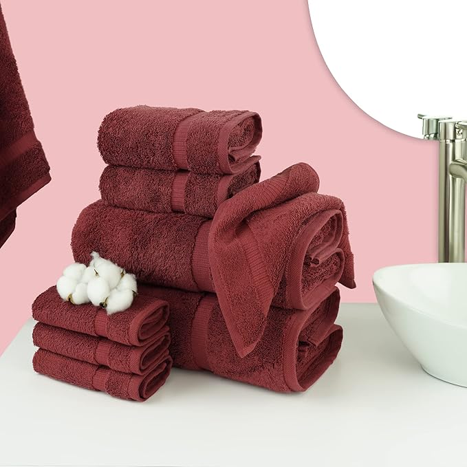 Chakir Turkish Linens | Hotel & Spa Quality 100% Cotton Premium Turkish Towels | Soft & Absorbent (8-Piece Towel Sets, Cranberry) | 100% cotton 8-pc set, OEKO-TEX certified: 2 bath 27x54, 2 hand 16x30, 4 washcloths 13x13