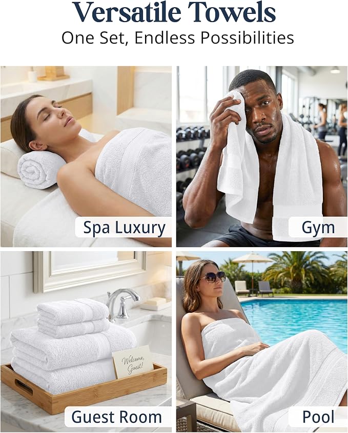LANE LINEN Bath Towel Set 100% Cotton 16 Piece Soft Absorbent - White | Shower Towels - Generously Sized, Oversized & Roomy, Lightweight & Breathable, Fade-Resistant Color, Classic Terry Weave