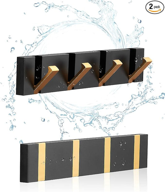 2 Pack，Waterproof Towel Hooks for Bathroom，Foldable Black Gold Coat Hooks，Free Perforated，Wall Hooks for Coat，Black Towel Hook，Robe Hook，for Balcony，Kitchen.