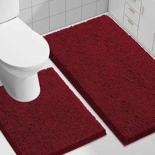 Smiry Chenille Bathroom Rugs Sets 2 Piece (30x20+ U Shape 24x20, Red) | Soft Absorbent Machine Washable Non Slip Shaggy Bath Rug Set for Tub, Shower, and Floor, Home Decor
