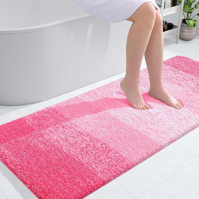 OLANLY Bathroom Runner Rug 54x24, Extra Soft Absorbent Microfiber Bath Rugs | Pink, Non-Slip Quick-Drying Rubber Backing, Machine Washable Long Bath Mat for Floor, Tub and Shower, Home Decor Accessories