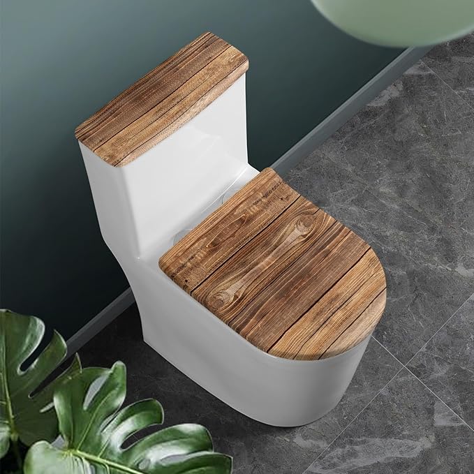 Brown Wood Print Toilet Lid Cover Set of 2 Pack,3D Wood Print Toilet Seat Lid Covers Washable Replacement Bathroom Elongated Round Oval