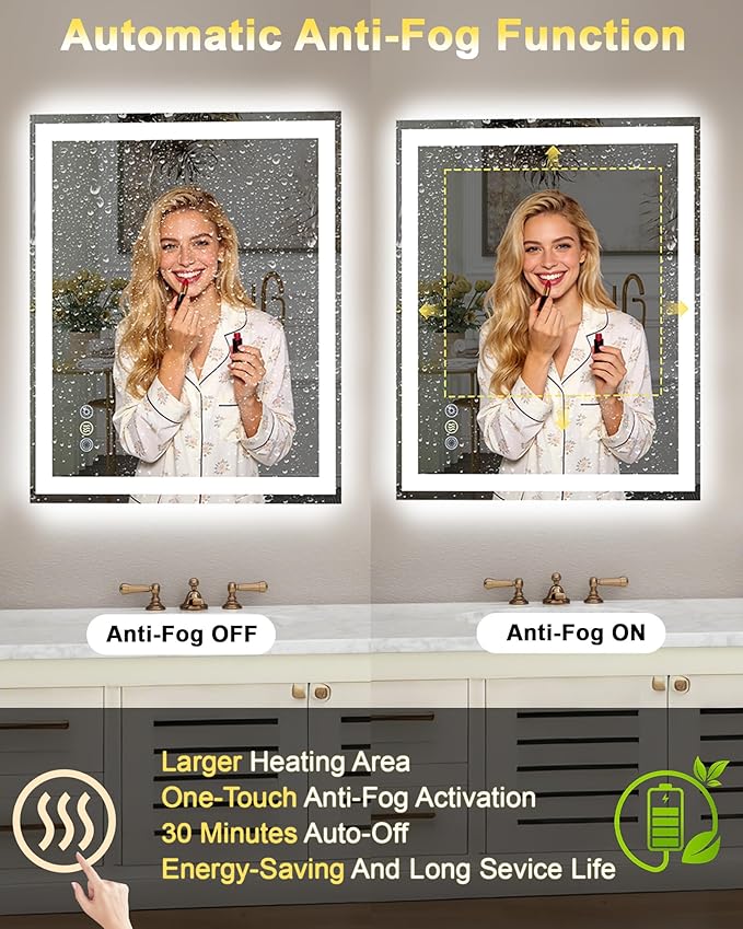 30x36 LED Bathroom Mirror, 6000LM, Separate Front and Back Lights | Shatter-Resistant Tempered Glass,Auto-Off Defogger,3 Color Modes,Smooth Dimming,Smart Memory Setting