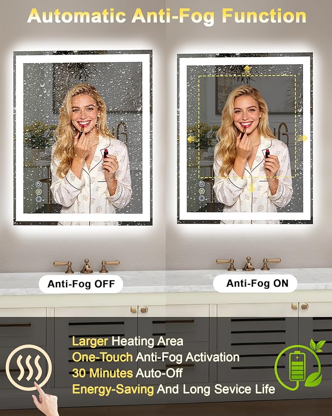 48x32 LED Bathroom Mirror, 6000LM, Separate Front and Back Lights | Shatter-Resistant Tempered Glass,Auto-Off Defogger,3 Color Modes,Smooth Dimming,Smart Memory Setting
