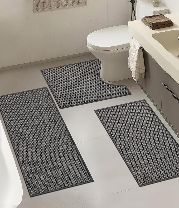 YIHOUSE Thin Bath Mat Dark Grey Bathroom Rugs Sets 3 Pieces, Non Slip Absorbent Bath Mats Quick Dry, Woven Braided Rugs Washable, Rubber Tapetes para Baño for Bathroom Toliet,Bathtub