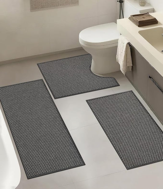 YIHOUSE Thin Bath Mat Dark Grey Bathroom Rugs Sets 3 Pieces, Non Slip Absorbent Bath Mats Quick Dry, Woven Braided Rugs Washable, Rubber Tapetes para Baño for Bathroom Toliet,Bathtub