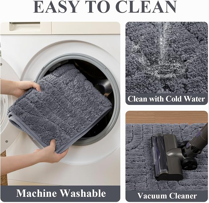 Vaukki Grey Bathroom Rugs Sets 3 Piece, 32x20+26x18+24x20 Inch | Washable Non Slip Soft Bath Mats for Shower and Tub, Plush Absorbent Microfiber Toilet Rug U Shaped