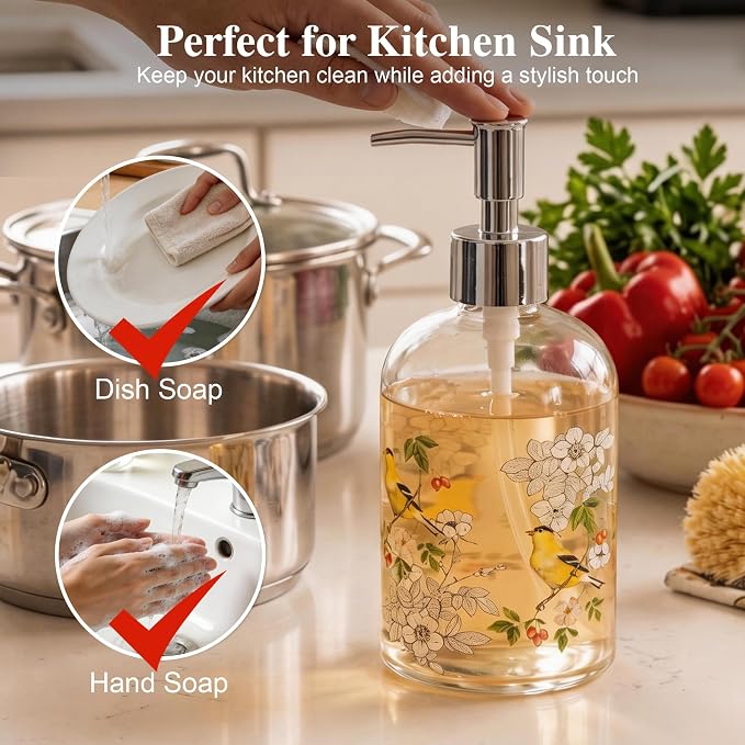 Topadorn Hand and Dish Soap Dispenser Set, 2 Pack 17oz Glass Soap Dispensers with Pump, Refillable Kitchen Soap Bottles, Vintage Floral & Goldfinch Bathroom Counter Decor