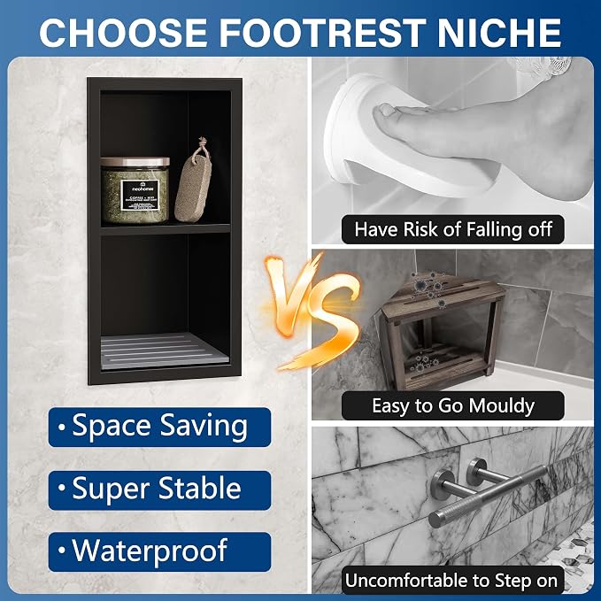Neodrain Shower Foot Rest for Shaving Legs, 304 Stainless Steel Shower Niche, Recessed Shower Step for Shaving Legs,Niche for Shower Wall, Bathroom Foot Rest (Matte Black, 12.3"x 6")