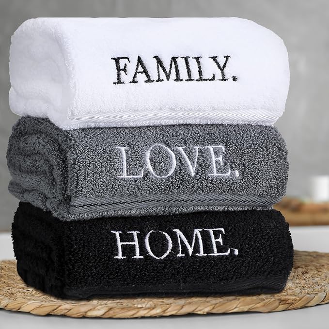 3 Pcs Hand Towels Bathroom Set,Black,Home Love Family | Embroidered Cotton Farmhouse Towels, Kitchen Decor, Rustic Boho Decorative with Text Labels, Guest Bath Home