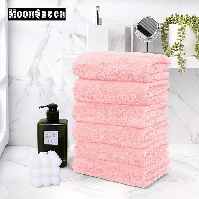 MOONQUEEN 6 Pack Premium Hand Towels - Quick Drying - Microfiber Coral Velvet Highly Absorbent Towels - Multipurpose Use as Hotel, Bathroom, Shower, Spa, Hand Towel 16 x 28 inches (Pink)