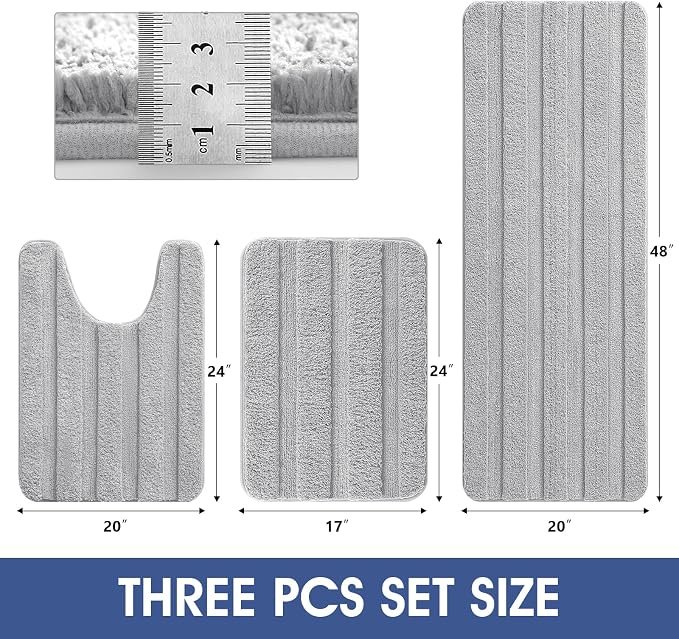 Striped Bathroom Rugs Sets 3 Piece, Ultra Soft Plush Fluffy Microfiber Absorbent Bath Mat, Non-Slip Backing, Machine Washable Bath Mats for Bathroom Floor, Tub, Toilet and Shower, Home Decor, Grey