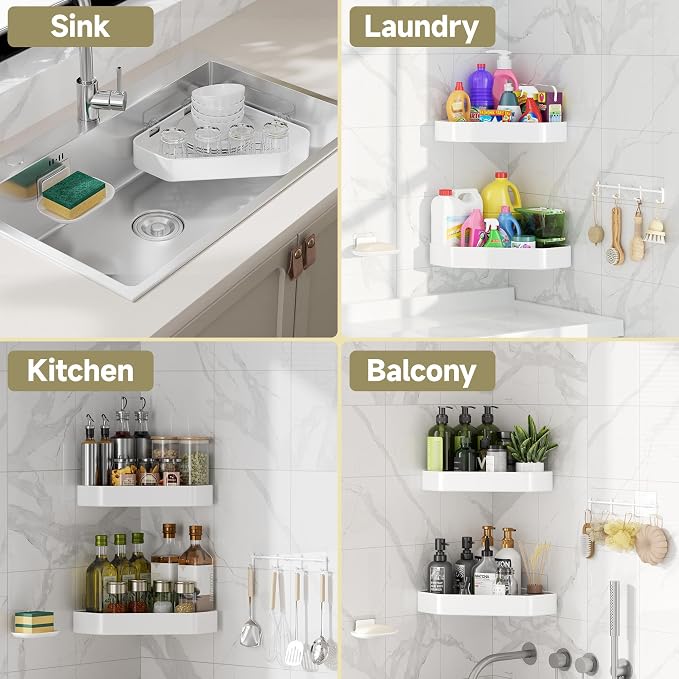 Veken Aluminum Corner Shower Caddy 4-Pack, Never Rust, No Drilling Adhesive Shelves, Stainless Rack with Soap Holder, Bathroom Organizers and Storage, Wall-Mounted Kitchen & Home Decor, White