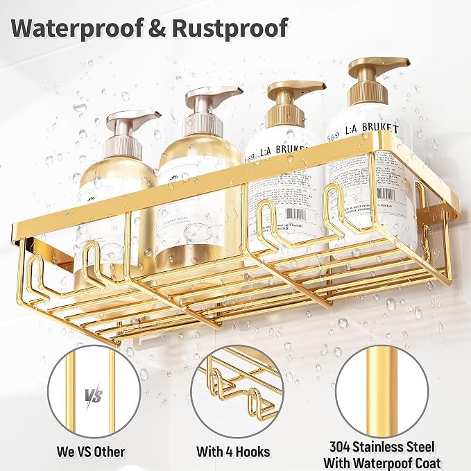 Liuoud 5 Pack Shower Caddy Organizer Rack Shelf for Inside Shower, Self Adhesive Wall Storage Basket Rustproof Stainless Steel Shampoo Holder Bathroom Accessory Decor Set, Gold