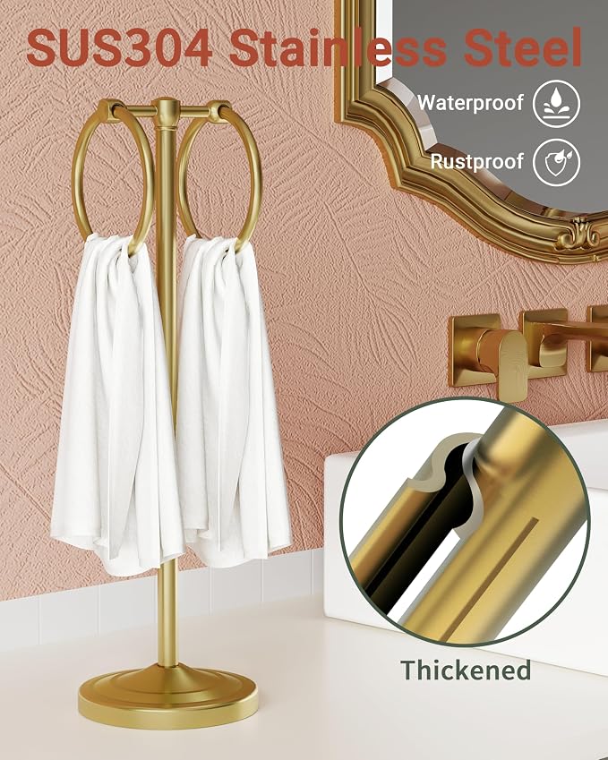 18" Hand Towel Holder Stand, Stainless Steel Free Standing Towel Rack Bar,Double Ring Towel Hanger with Weighted Base, Towel Hardware for Bathroom Vanity Kitchen Countertops(Brushed Gold)