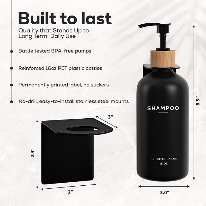 Black Shampoo and Conditioner Dispenser Set Wall Mounted by Brighter Barns - Shampoo Dispenser for Shower Wall 3 Chamber No Drill - Shower Bottles Refillable with Labels for Bathroom, Airbnb (Black)