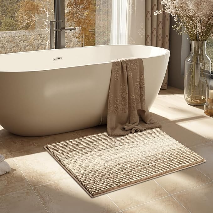 Bathroom Rugs, 17x24 Chenille Bath Mats, Tan | Extra Soft Absorbent, Non Slip Striped, Quick Dry Machine Washable, Shower Rug for Bathroom Bedroom Decor