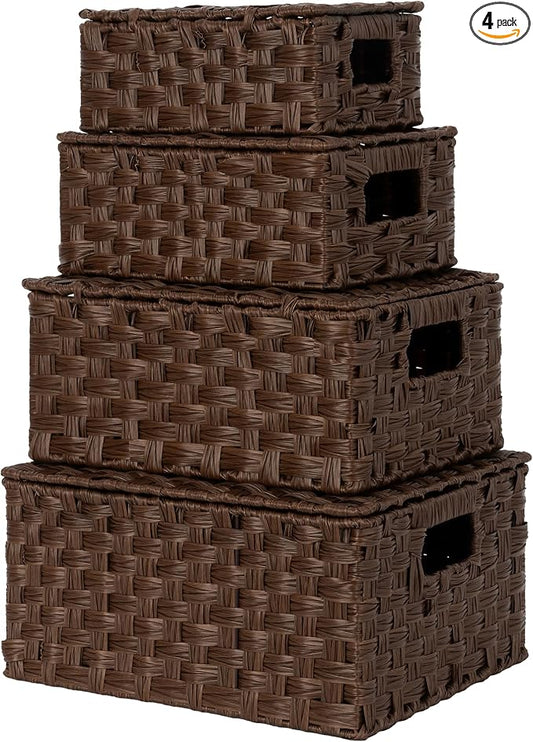 GRANNY SAYS Wicker Baskets with Lids, Set of 4 Brown Basket, Decorative Storage Boxes, Woven Basket for Organizing, Storage and Organizer Baskets