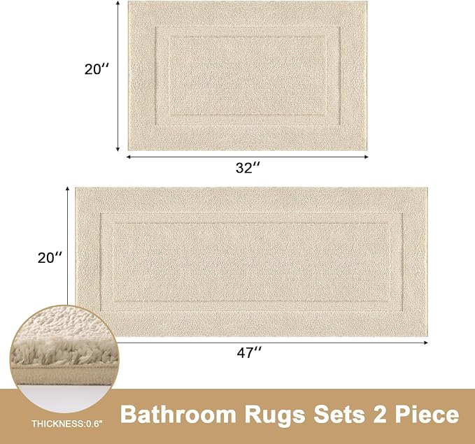 SHACOS Soft Microfiber Bathroom Rugs Set of 2 Pieces, Light Beige | 47x20 + 32x20, Absorbent Plush Bath Rugs, Non Slip Washable Shaggy Bath Mats, Fluffy Bathroom Runner Floor Mats Shower Rug