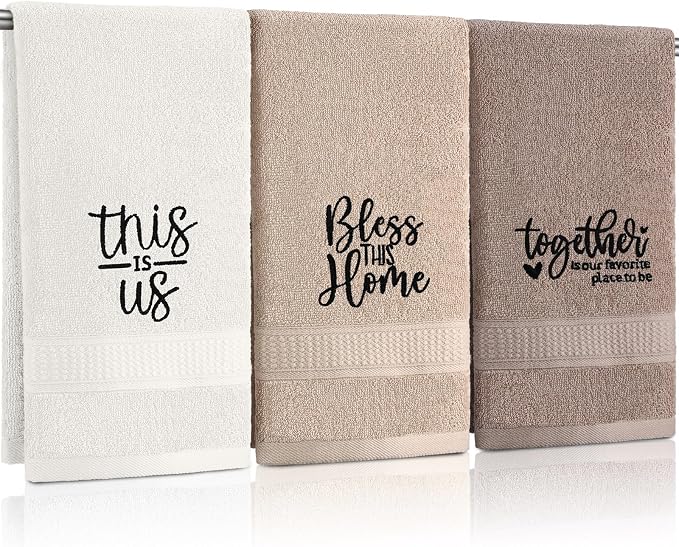 3 Pcs Hand Towels Bathroom Set,Brown,Inspirational Language | Embroidered Cotton Farmhouse Towels, Kitchen Decor, Rustic Boho Decorative with Text Labels, Guest Bath Home