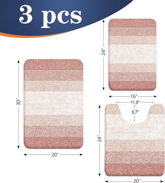 OLANLY Microfiber Bathroom Rugs Sets 3 Piece, 30"x20"+24"x16"+24"x20" | Peach, Soft Absorbent Bath Mats and U-Shaped Contour Toilet Rug, Machine Wash Dry, Plush Shaggy Bath Mat Set for Bathroom