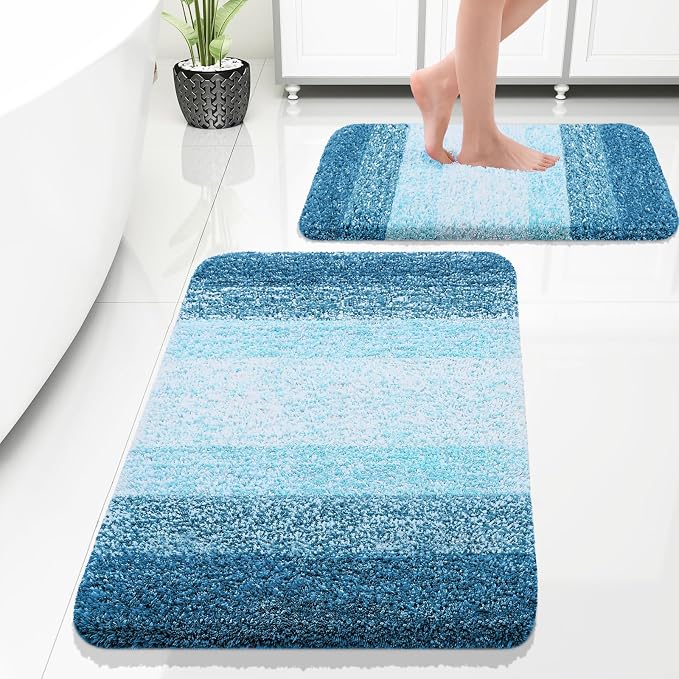 OLANLY Micorfiber Bathroom Rug Set 2 Piece, 30"x20"+24"x16" | Peacock Blue, Soft Absorbent Bath Rug Set, Non-Slip, Machine Wash Dry, Plush Shaggy Bath Mats for Bathroom