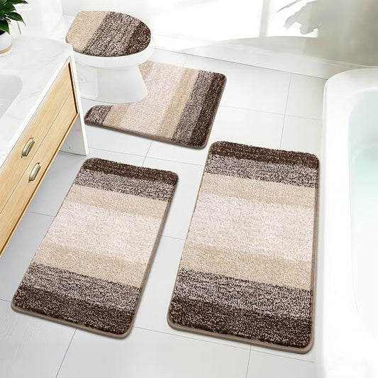 Bsmathom Bathroom Rug Set 4 Piece, Plush Microfiber Bath Mat, Dark Coffee | Super Water Absorbent, Non Slip Machine Washable Bath Rug Sets with Toilet Lid Cover and U-shaped Contour Toilet Mat