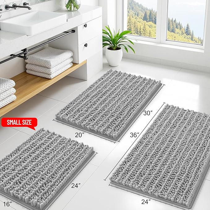 Smiry Bathroom Rugs 47X17, Extra Soft Rubber Backing Chenille Bath Mats | Light Grey Machine Washable Non Slip Quick Dry Bath Mats for Bathroom Floor, Tub, Shower, Home Decor Accessories