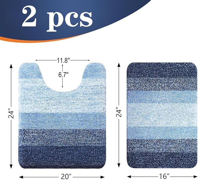 OLANLY Micorfiber Bathroom Rug Set 2 Piece, 24"x16"+U-Shaped 24"x20" | Navy, Soft Absorbent Bath Mats and Contour Toilet Rug, Non-Slip, Machine Wash Dry, Plush Shaggy Bath Mats for Bathroom