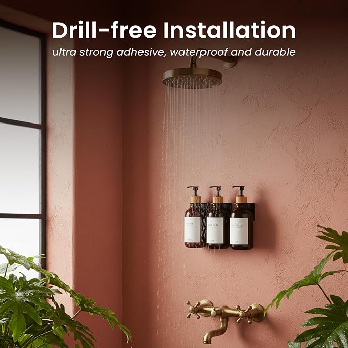 MaisoNovo Shampoo and Conditioner Dispenser|Refillable Amber Bamboo 3-Pack | 500 ml Shower Gel Dispenser Set of 3. Refillable Shampoo and Conditioner Bottles. Drill Free Secure Design. Amber Bamboo