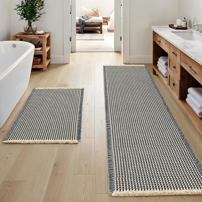 MIULEE Set of 2 Waffle Bathroom Rugs Dark Grey&Yellow 17"x24"+17"x48" | Non Slip, Super Absorbent, Washable, Ultra Soft, Rubber Backed, Small Boho Bath Rug and Bathroom Runner for Floor Tub Shower
