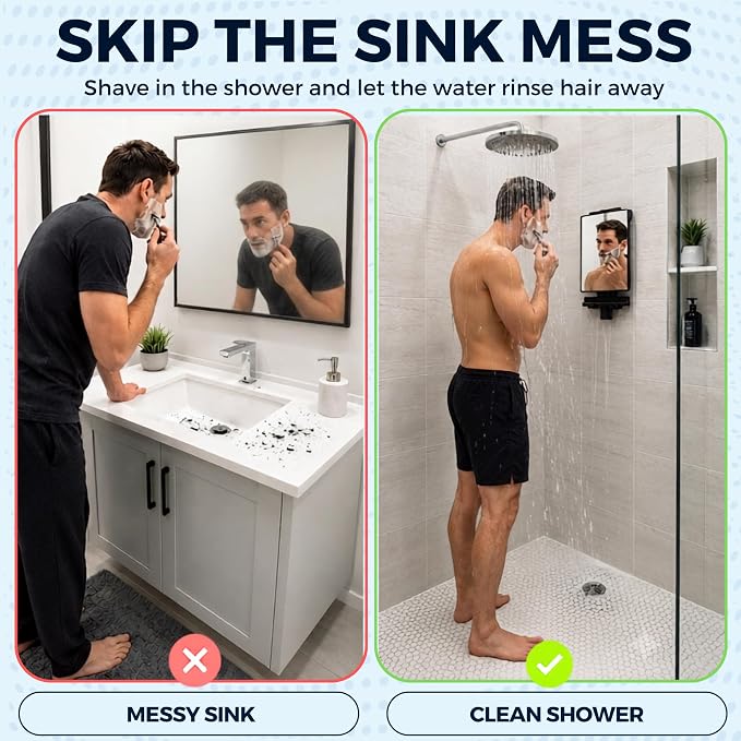 HONEYBULL Fogless Shower Mirror for Shaving with Water Tank, Adhesive Mount | Built in Water Reservoir for Natural Fog Free Effect, Easy Installation, Bonus Squeegee, Razor Holder, 5.5" x 8" Mirror