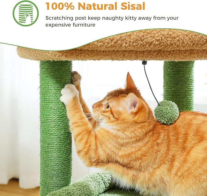 PEQULTI Indoor Cat Tree Tower Small Cats, Sisal Post & Cozy Condo, Green | Private soft cat condo, soft top perch, natural sisal scratch posts, plush pom-pom toy for indoor kitties