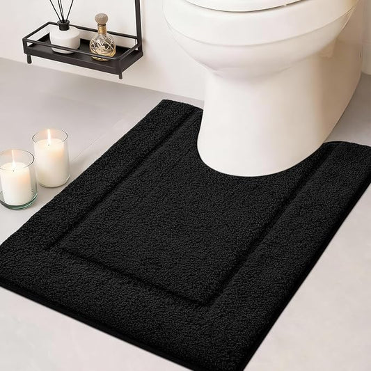 IM HOME Toilet Rugs, Ultra Soft Thick Plush Fluffy Microfiber Absorbent Contour Bathroom Rugs for Toilet, Non-Slip Backing, Machine Washable Bath Mats for Bathroom, Tub, Black/U-Shaped 24"x20"
