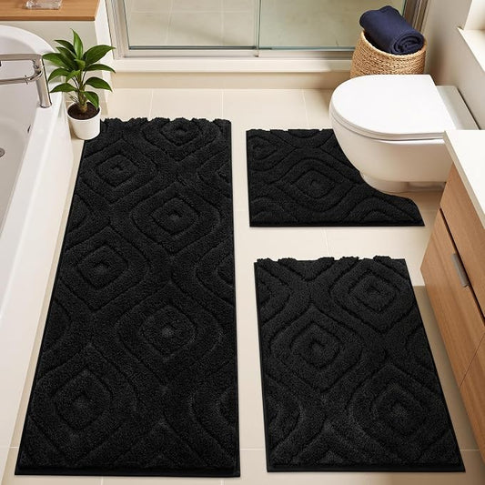 Ileading Bathroom Rug Set 3 Piece, Non Slip Washable Bath Mat Set | Absorbent Plush Microfiber Bathroom Rugs with Bath Runner Mat and U-Shaped Contour Rug for Toilet, Tub, Shower, Black