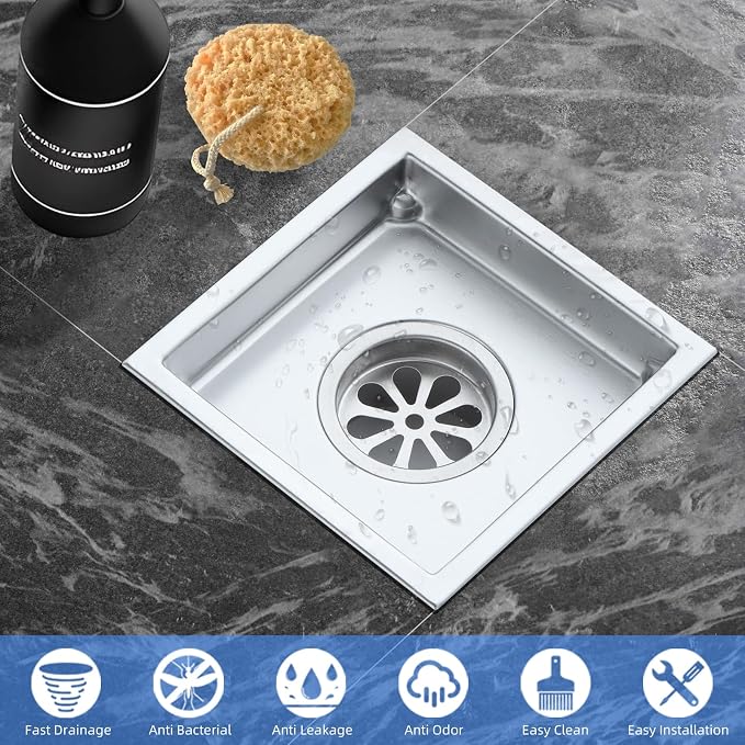 Square Shower Drain 4-Inch. with ABS Flange, Removable Grille,Bathroom Brushed Stainless Steel Shower Floor Drain