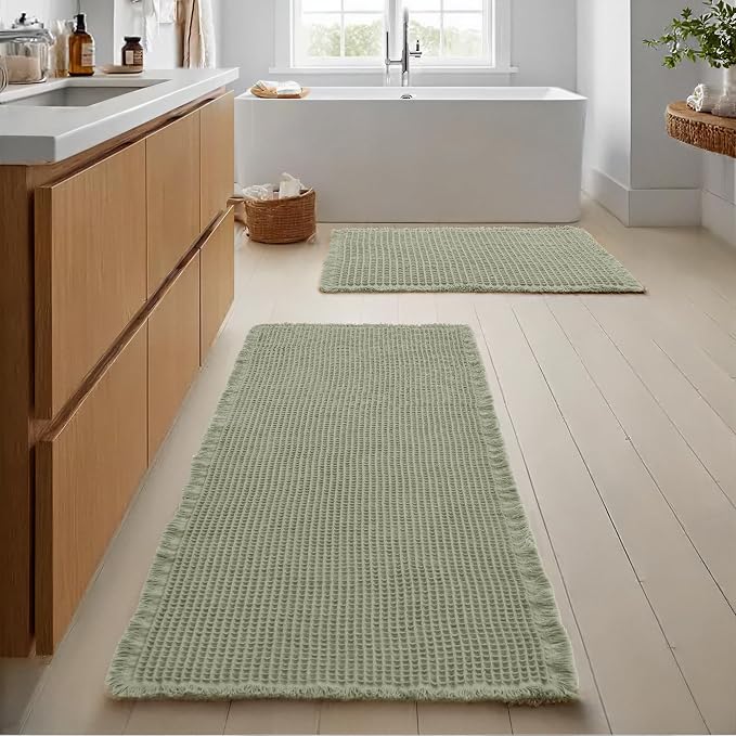JIUZHEN Set of 2 Waffle Bathroom Rugs Non Slip Bath Mats, 16"x24"+24"x60" | Sage Green, Boho, Absorbent, Washable, Ultra Soft, Fast Drying Bath Rug and Bathroom Runner for Kitchen Hallway Laundry