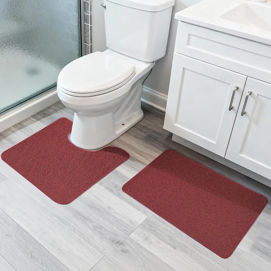 Bosap Bath Mat Set 2 Pieces,Ultra Thin Bathroom Rugs,Rubber Toilet Rugs | Non Slip,Quick Dry,Machine Washable,Low Pile,Absorbent,Shower,Sink,Bathroom Decor.(Red,17"x27" Plus 20"x24"U Shaped)