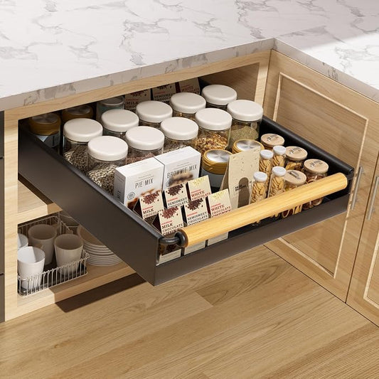 Pull Out Cabinet Organizer, 15.3'' Deep Expandable Slide Out Cabinet Organizer Fixed with Adhesive Nano Film, Slide Out Drawers Pull Out Tray for Cabinet in Kitchen, Pantry, Bathroom, Black