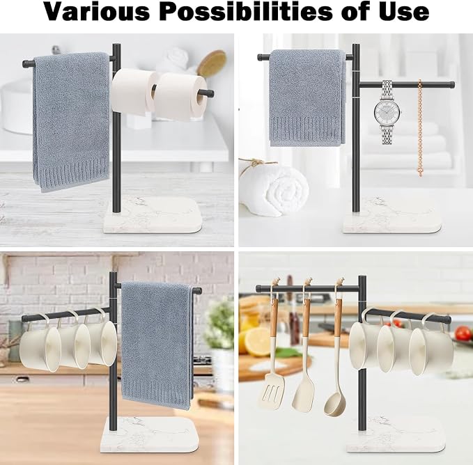 Standing Hand Towel Holder, Hand Towel Stand with Marble Base, 304 Stainless Steel Towel Rack with 2 Swivel Arm, Countertop Stand Towel Ring Towel Bar for Bathroom (Matte Black)