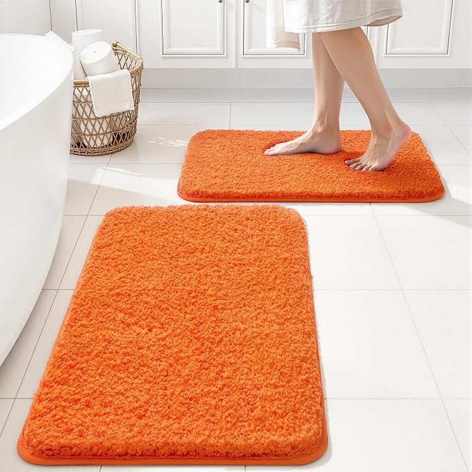 MIULEE Fall Orange Bathroom Rugs Set 2 Piece Small Soft Bath Mats 16x24 in | Soft Absorbent Microfiber Bath Rugs, Non Slip, Quick Dry, Fluffy Bath Rugs for Bathroom Floor Tub Showers, Machine Washable