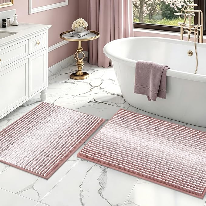 Bathroom Rugs Sets 2 Piece, Non Slip Striped Bath Mats, Mist Pink | 20"x32" Plus 16"x24"，Soft Absorbent Chenille, Quick Dry Machine Washable, Shower Rug for Bathroom Floor, Tub, Bedroom Decor