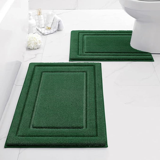 HOMEIDEAS Bathroom Rugs Sets 2 Piece, Super Soft and Absorbent Non Slip Microfiber U-Shaped Toilet Bath Mat Set (20"x32"+U20 x24, Dark Green) | Super Soft and Absorbent Non Slip Microfiber Bath Rug，Machine Washable, for Bathroom, 20"x32"+U Shape 20"x24"