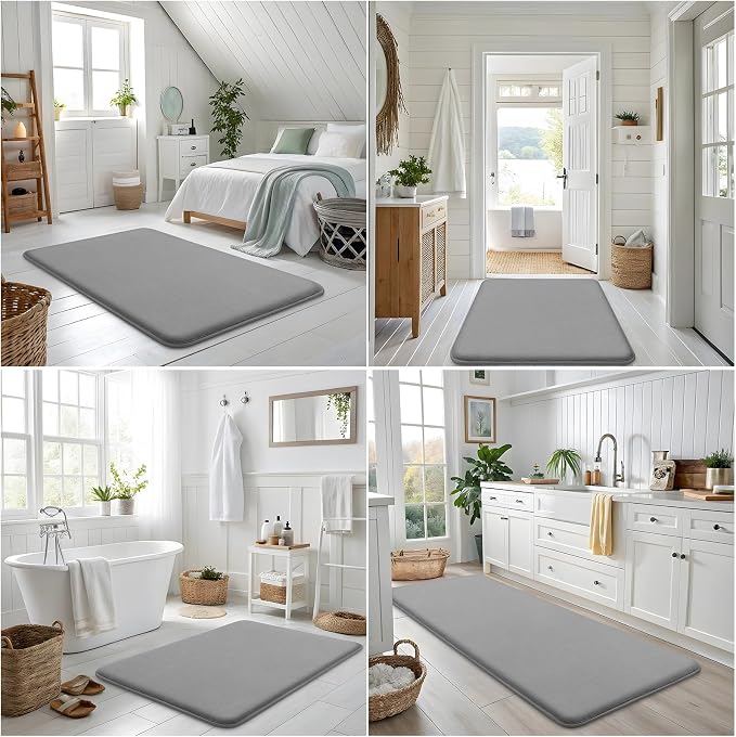 Smiry Memory Foam Bath Mat 70x24, Extra Soft and Absorbent Bathroom Rugs | Grey, Quick Dry Machine Washable Non-Slip Bath Mat for Bathroom Floor, Shower and Tub