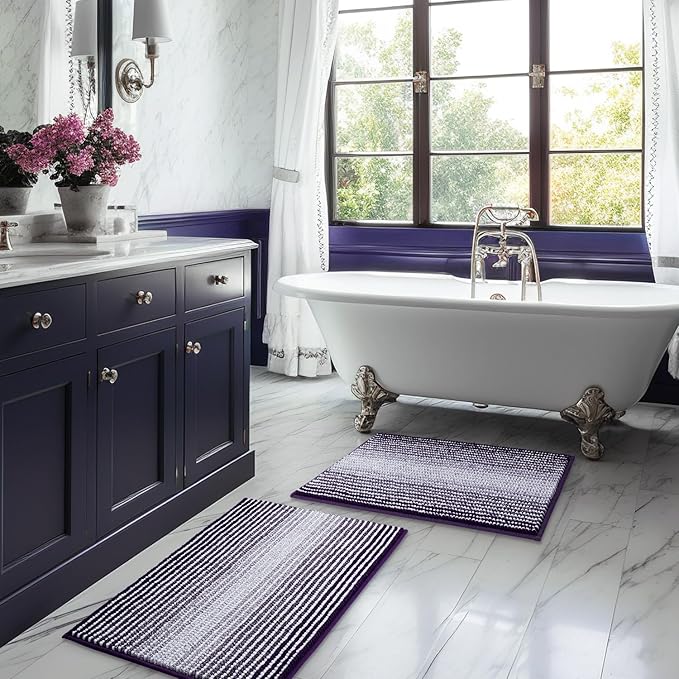 BSICPRO Bathroom Rugs Sets 2 Piece, Non Slip Striped Bath Mats, Mauve Wine | 20"x32" Plus 16"x24", Soft Absorbent Chenille, Quick Dry Machine Washable, Shower Rug for Bathroom Floor, Tub, Bedroom Decor