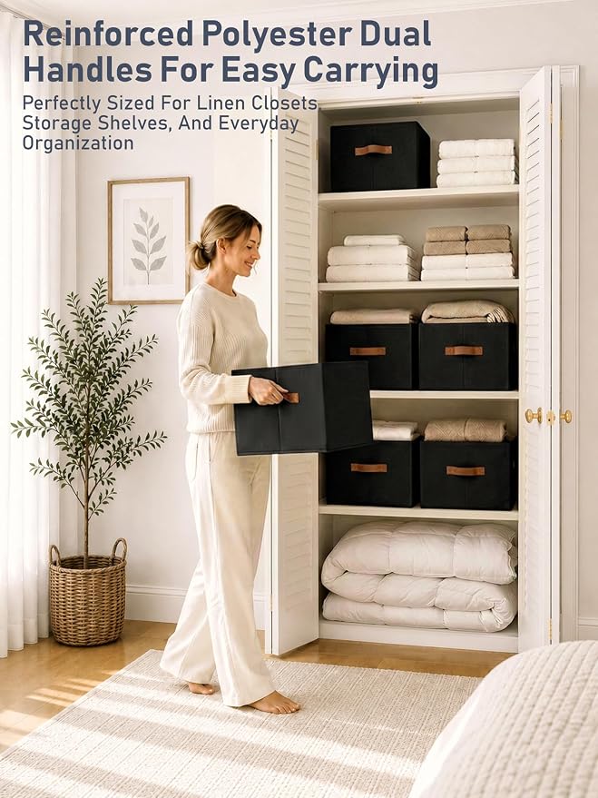 4 Pack Large Closet Storage Baskets Bins for Shelves, Collapsible Fabric Closet Organizers and Storage with Polyester Handles, Decorative Baskets for Organizing Clothes, Towels, Linen Closet 14"x10"