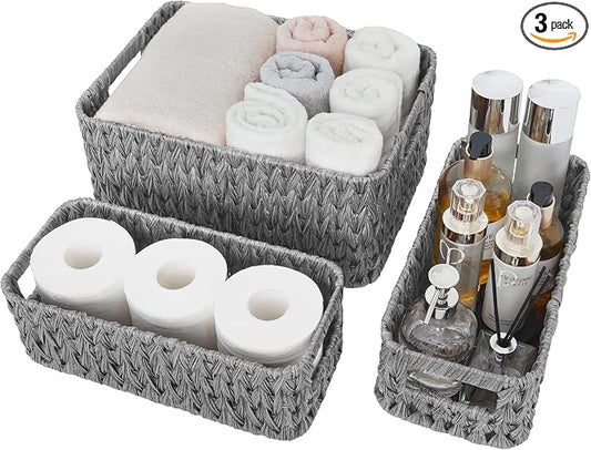 GRANNY SAYS Wicker Baskets for Organizing, Storage Baskets for Shelves, Small Baskets for Counter, Waterproof Storage Basket with Handles, Gray, 3-Pack