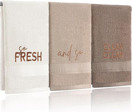 3 Pcs Hand Towels Bathroom Set,Brown,So Fresh and So Clean Clean | Embroidered Cotton Farmhouse Towels, Kitchen Decor, Rustic Boho Decorative with Text Labels, Guest Bath Home