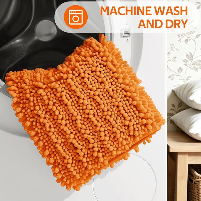 ACCUMTEK Upgrade Extra Large Orange Bathroom Rug Set 3 Pieces Ultra Soft, Thick Absorbent Bath Mats, Non Slip Chenille Toilet Mat for Bathroom, Bedroom, Kitchen